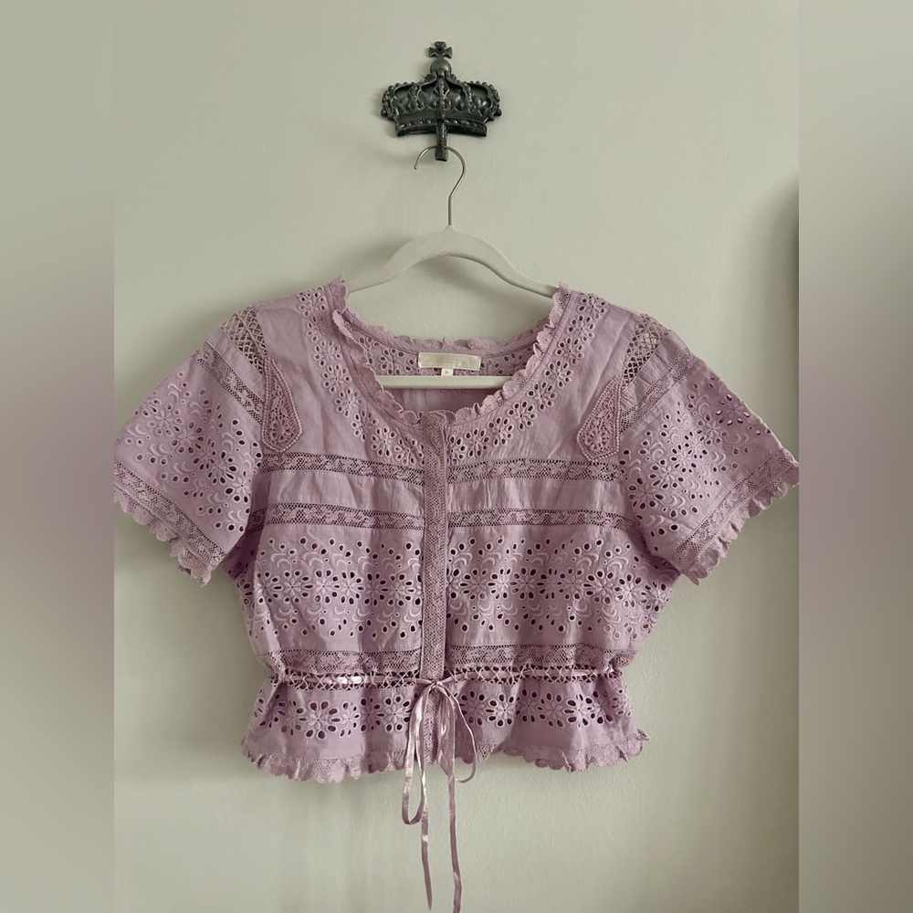 LoveShackFancy Lace Ribbon Button-up Crop Top in Lilac Purple NWOT Size Medium
